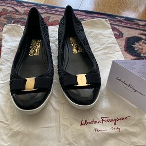 Ferragamo Rufina Black Lace Vara Bow Flats
